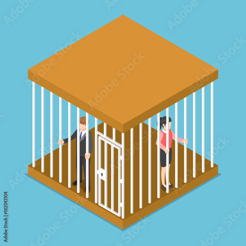 Isometric businessman and businesswoman trapped in the cage.