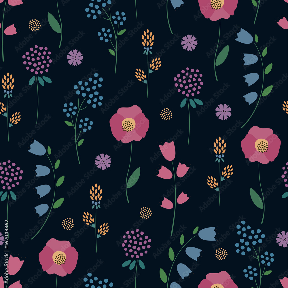 Floral pattern on dark background. Cute colorful flowers seamless background - campanula, clover, poppies. Decorative flowers texture. Design for fabric, wallpaper, textile and decor.
