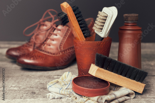 Polish cream and brushes for shoes