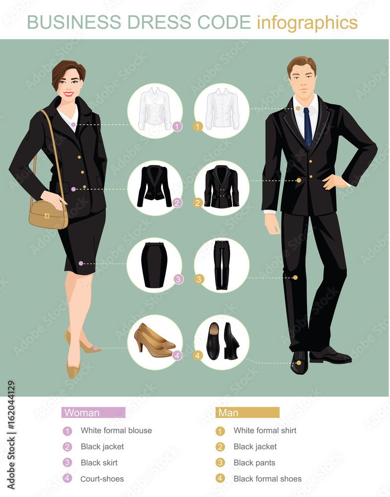 Business Dress Code Infographics Man And Woman In Black Suit Isolated On Color Background