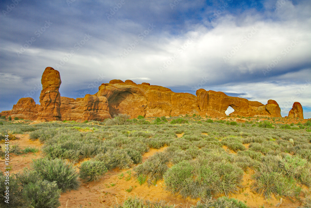 Horizontal landscape of Windows View formation in Arches National Park