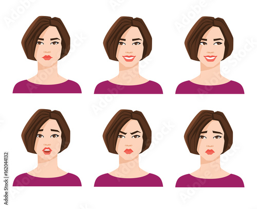 Collection of woman's emotions. Vector illustration of variations of facial expression. 