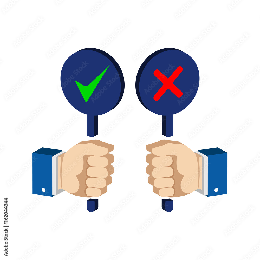 Hands with false and true signs. Flat Isometric Icon or Logo. 3D Style Pictogram for Web Design, UI, Mobile App, Infographic. Hands with false and true signs. Flat Isometric Icon or Logo. 3D Style Pictogram for Web Design, UI, Mobile App, Infographic.