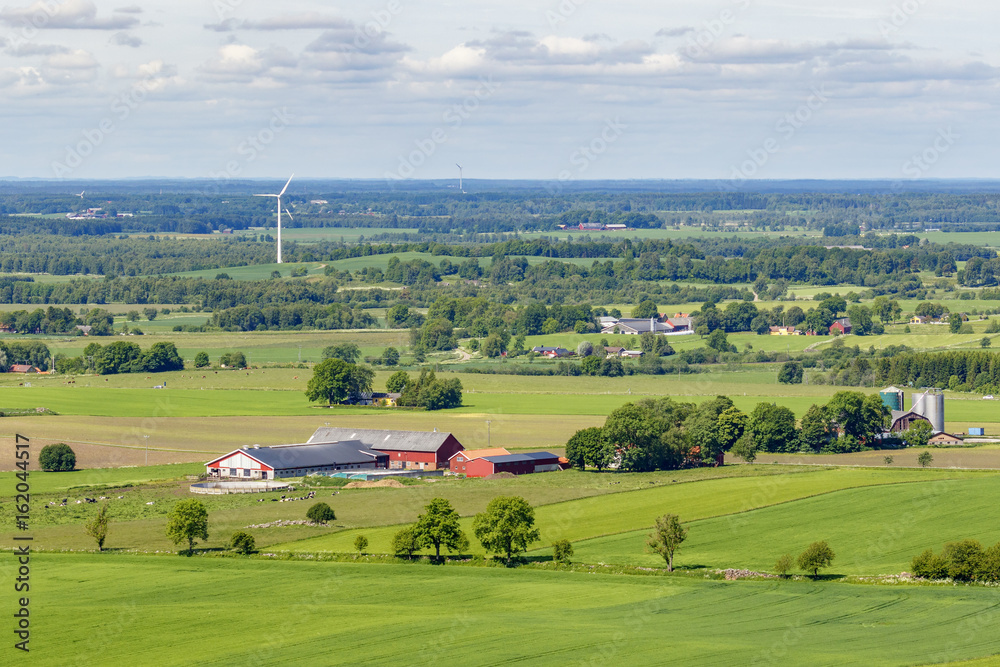 Landscape view of a farm and fields
