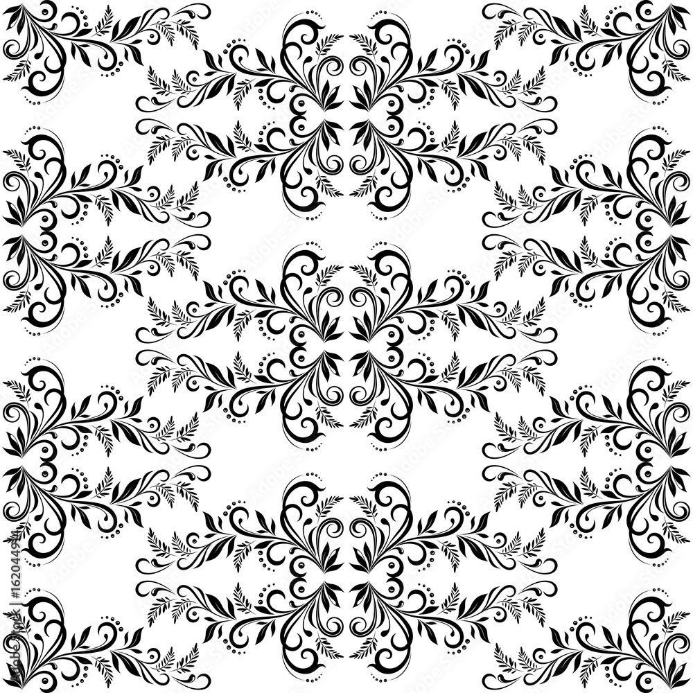 Fototapeta premium Seamless Tile Symbolical Floral Vintage Pattern, Black Contours Isolated on White Background. Vector