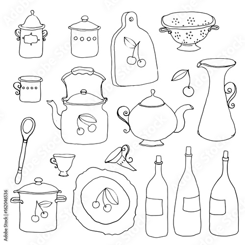 Set of various kitchenware, cup, spoon, teapot, bottle. Vector illustration.