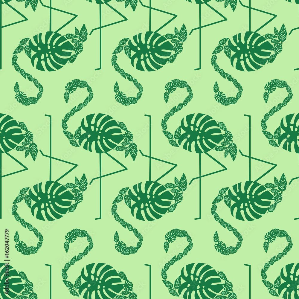 Green tropical trendy seamless pattern with decorative flamingos from palm leaves. Exotic Hawaii art background. Cute fashion design for fabric, wallpaper, textile and decor. Green tropical trendy seamless pattern with decorative flamingos from palm leaves. Exotic Hawaii art background. Cute fashion design for fabric, wallpaper, textile and decor.