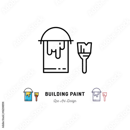 Paint tin and paint brush outline icons. Repair home Building tools, Building paint icon, Vector flat illustration