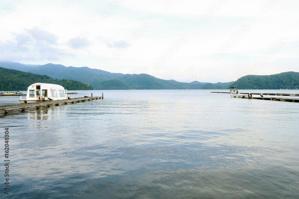 Beautiful mountains and  Nojiri  Lake in summer, the town of Shinano, Japan.