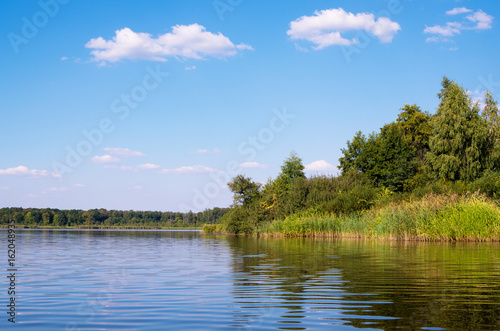 Beautiful summer landscape on the lake, the green grass and blue sky.