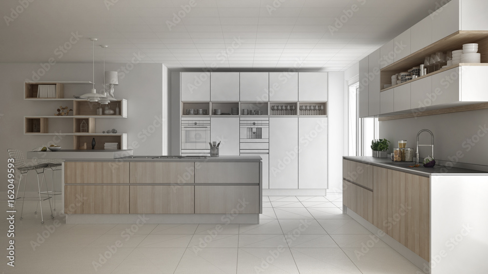 Unfinished project of modern scandinavian kitchen, sketch abstract interior design Unfinished project of modern scandinavian kitchen, sketch abstract interior design