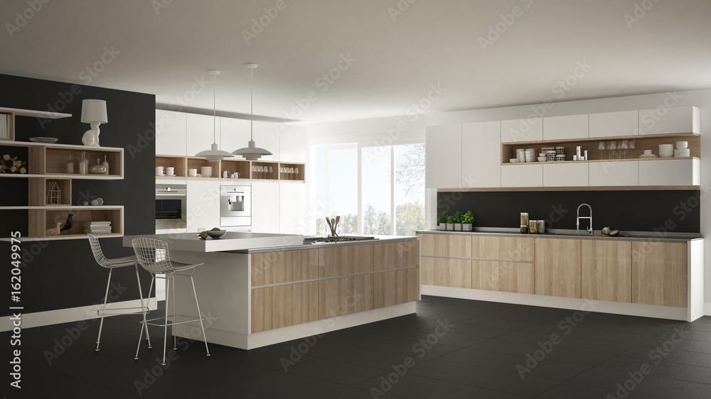 Modern white kitchen with wooden and white details, minimalistic interior design