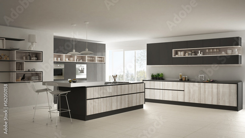 Modern white kitchen with wooden and gray details, minimalistic interior design