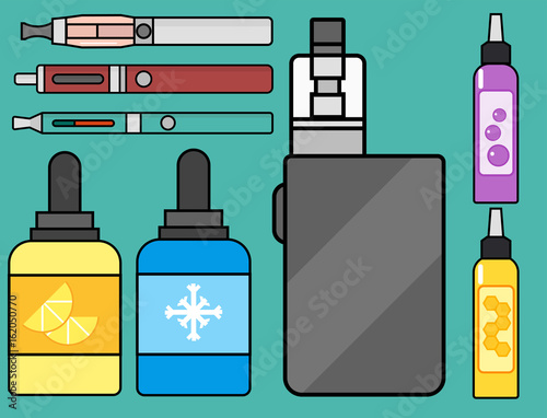 Vape device vector set cigarette vaporizer vapor juice bottle flavor illustration battery coil.