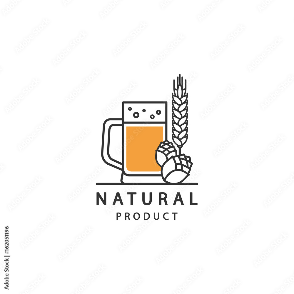 Mug of beer. Hops. Wheat. Linear vector icons.