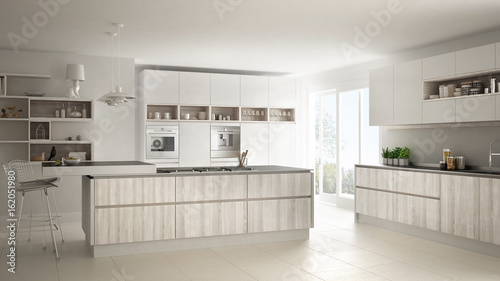 Modern white kitchen with wooden and white details, minimalistic interior design © ArchiVIZ