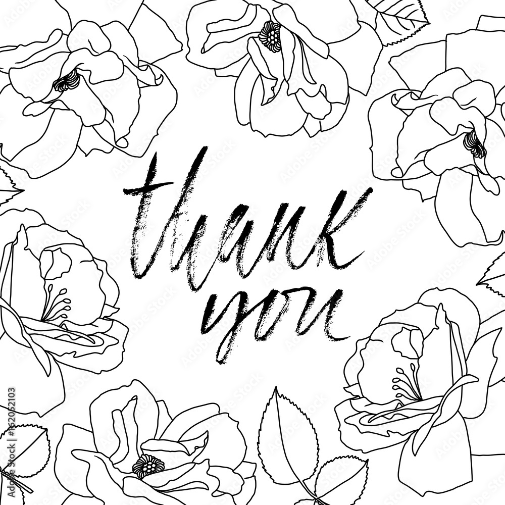 Fototapeta premium Thank You handwritten inscription. Hand drawn modern dry brush lettering. Thank you card. Vector illustration. Flower frame.