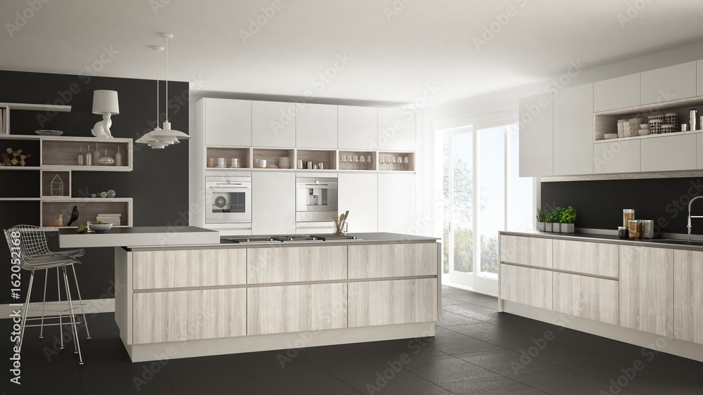 Modern white kitchen with wooden and white details, minimalistic interior design Modern white kitchen with wooden and white details, minimalistic interior design