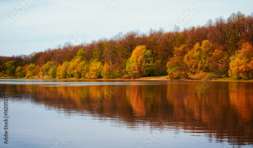 Panoramic landscape with forest lake in autumn rainy day