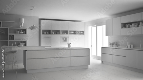 Total white modern scandinavian kitchen, minimalistic classic interior design