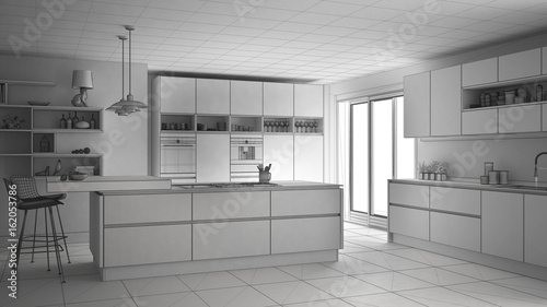Unfinished project of modern scandinavian kitchen, sketch abstract interior design