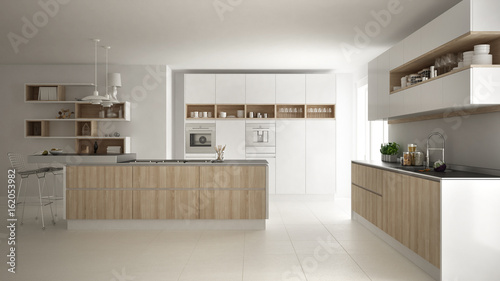 Modern white kitchen with wooden and white details  minimalistic interior design