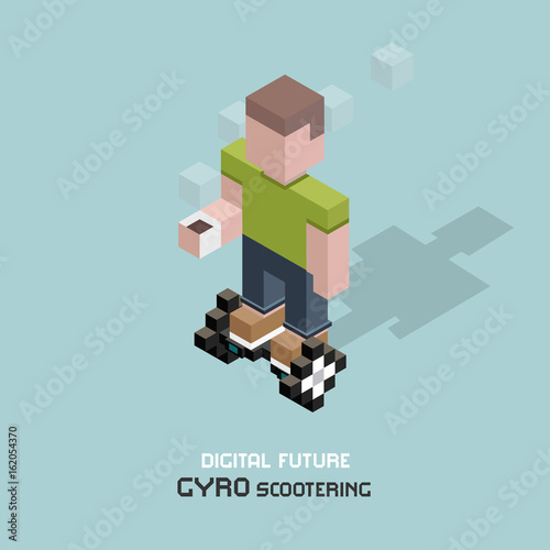 Young man riding electric gyroscooter. Cubes composition isometric vector illustration of modern device gyro scooter. Guy with cup of coffee on personal city transport.