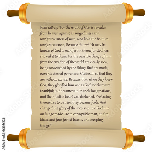 Old scroll with Bible text. Parchment realistic. Vintage blank paper scroll isolated on white background. Vector illustration.