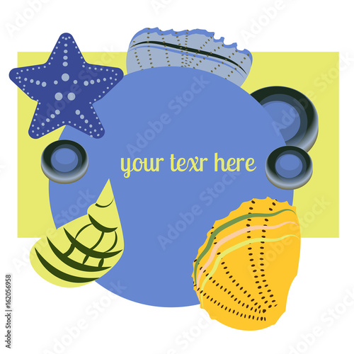 Marine composition. Sea shells, sea star on blue background Flat lay, top view, circle