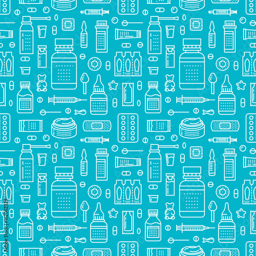 Medical, drugstore seamless pattern, medicament vector background of blue color. Medicines antibiotics, vitamins, painkillers, aerosol spray, pills. Healthcare cute repeated illustration for hospital.
