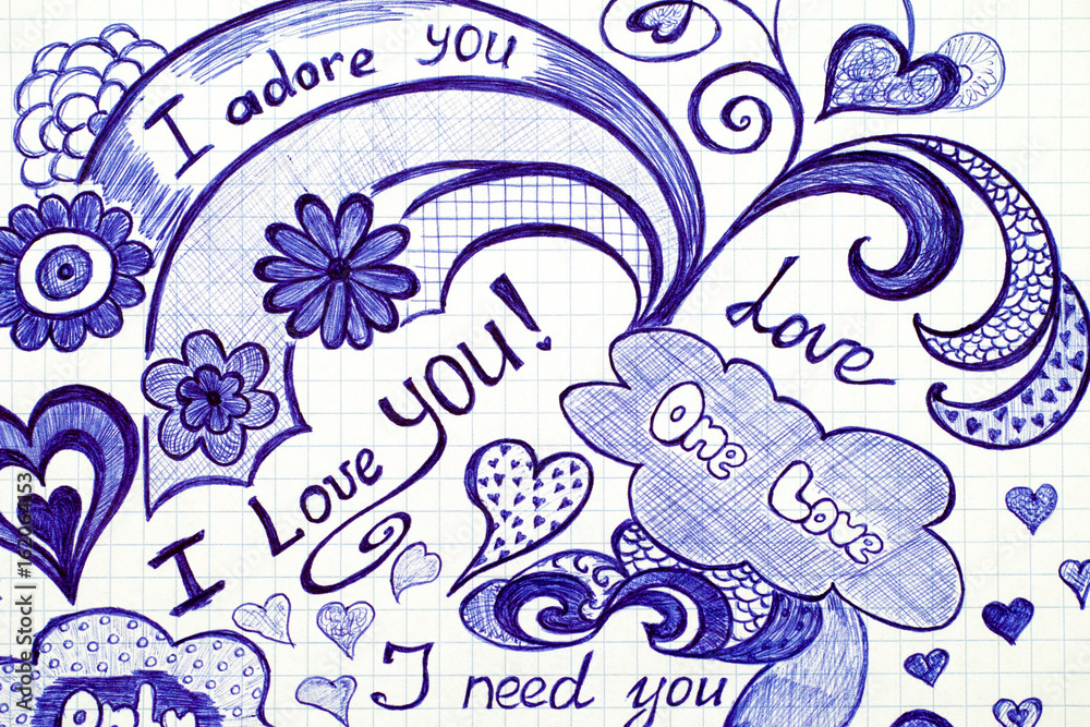 Fototapeta premium Hand drawn love doodles messages on checkered paper.