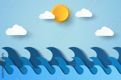 Photography Blue waves in ocean , paper art style