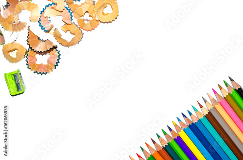 Color pencil and pencil on white background for isolate and cut out the background, Stationery, Color pencil and shavings