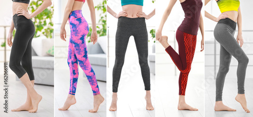 Collage of young woman in different sport pants