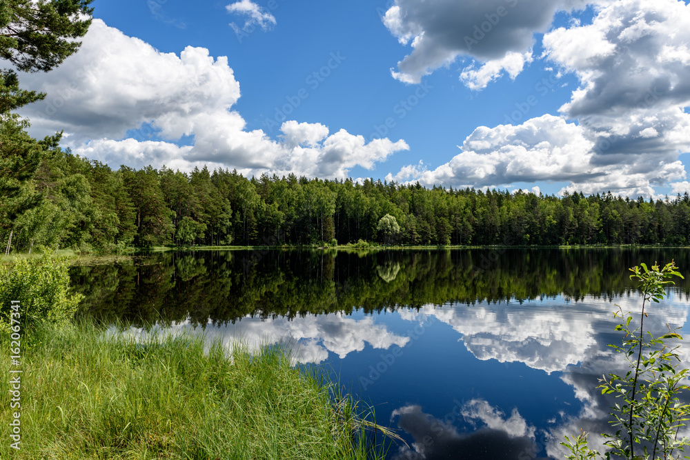 Obraz premium White clouds on the blue sky over forest lake