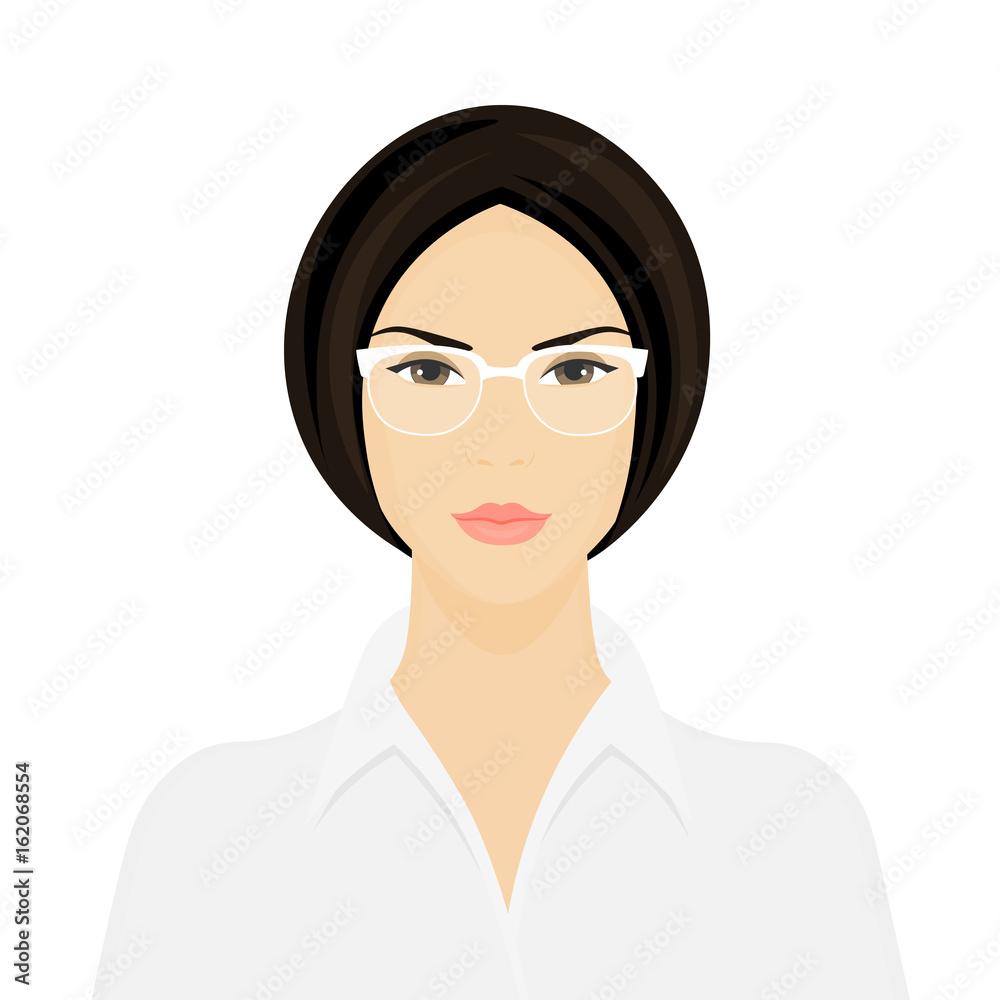 Business Woman with glasses. The headmistress. Portrait of a serious girl on a white background. Vector illustration Business Woman with glasses. The headmistress. Portrait of a serious girl on a white background. Vector illustration