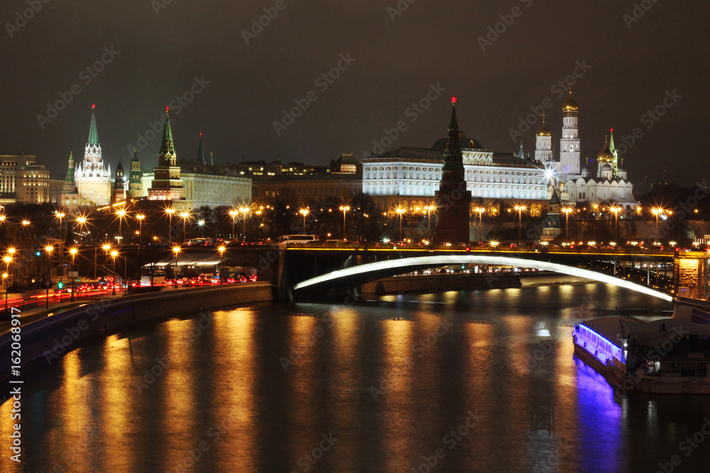 View to Moscow Kremlin at night from Patriarshy bridge, Russia