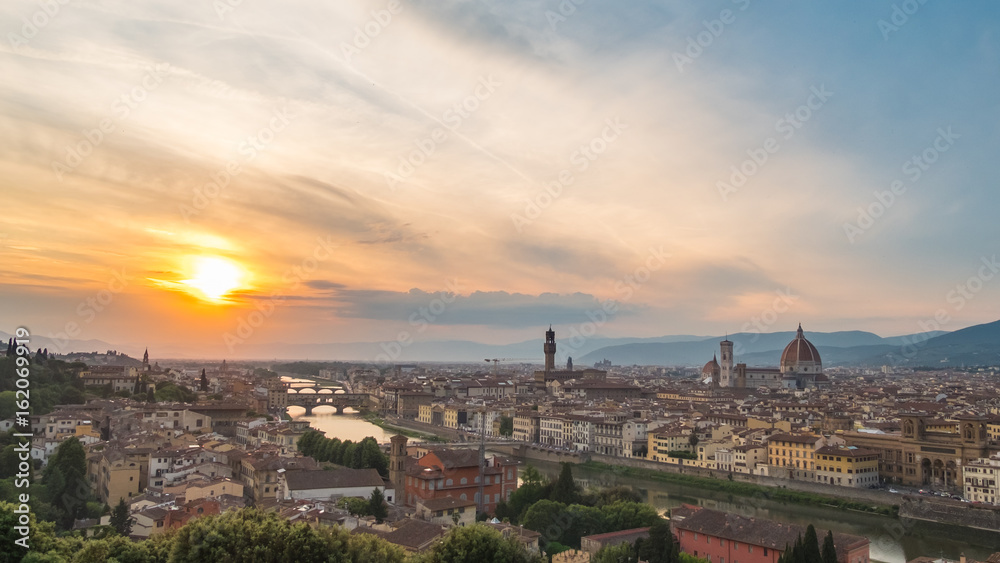 Aerial view of Florence. With Florence Duomo Cathedral. Basilica di Santa Maria del Fiore or Basilica of Saint Mary of the Flower in sunset.