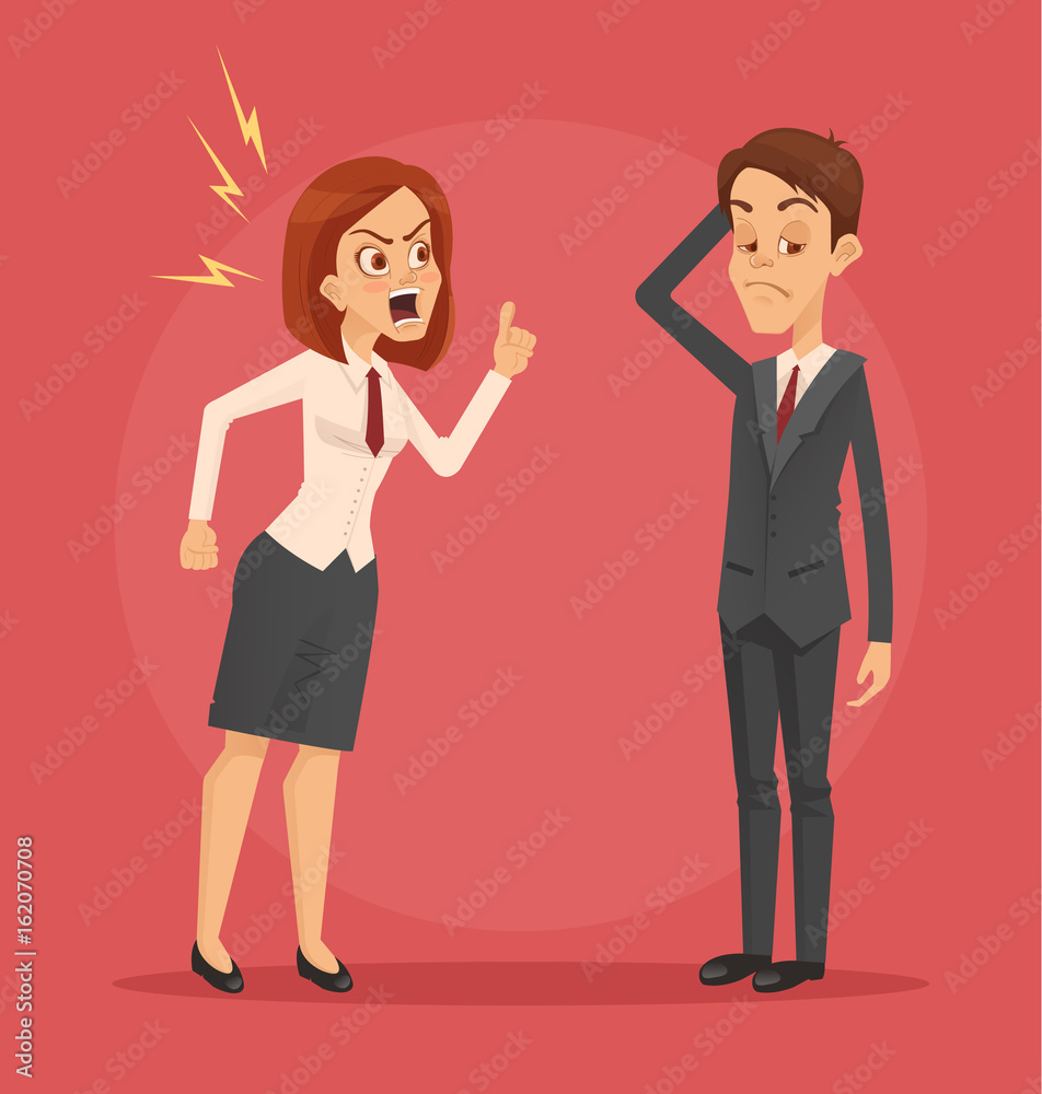 Angry woman boss character yelling at employee man office worker. Vector  flat cartoon illustration Stock Vector | Adobe Stock