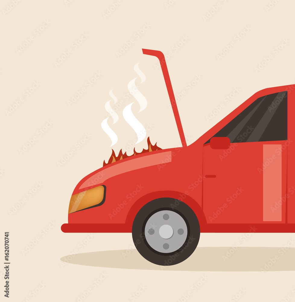 Broken red car with open hood. Vector flat cartoon illustration Stock