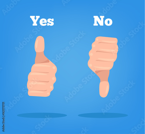 Thumbs up and down. Yes No sign hand. Vector flat cartoon illustration