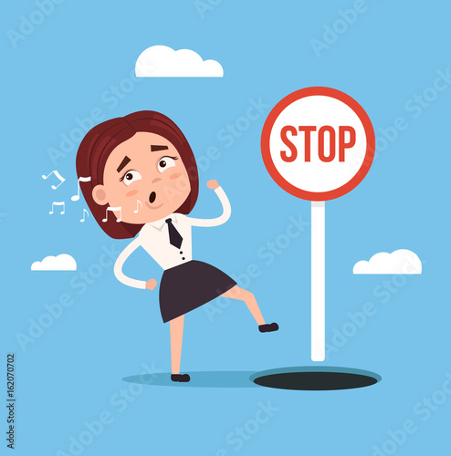 Business woman office worker character  walks and sings song and do not notice open hole. Vector flat cartoon illustration
