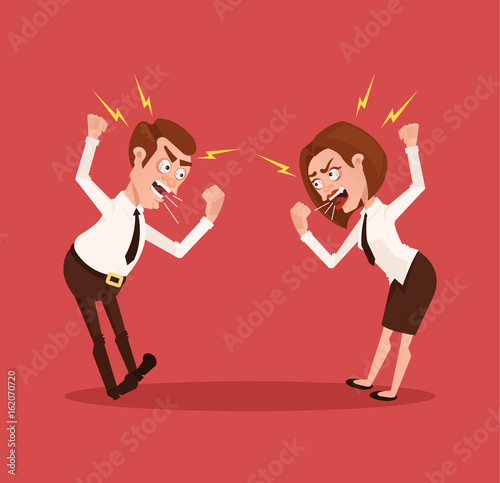 Man and woman business office workers characters quarreling. Vector flat cartoon illustration