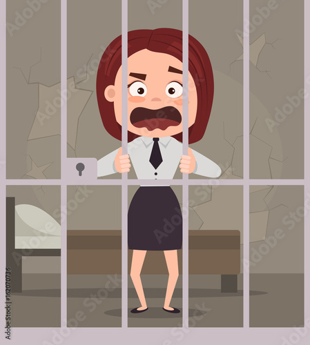 Sad unhappy crying prisoner business office worker woman character in jail. Vector flat cartoon illustration