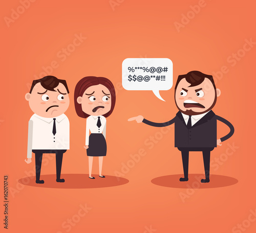 Angry boss character yelling at employee characters. Vector flat cartoon illustration © Irina