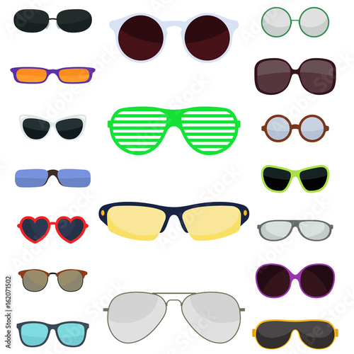 Fashion set sunglasses accessory sun spectacles plastic frame modern eyeglasses vector illustration.