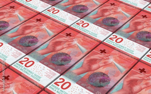 Swiss franc bills stacks background. 3D illustration. photo
