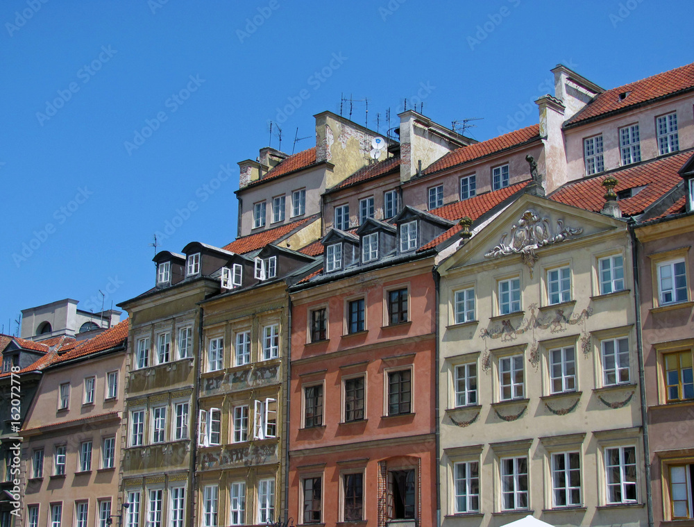 Facades of old town houses in Warsaw