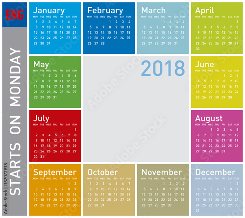 Colorful Calendar for Year 2018, in English. Week starts on Monday