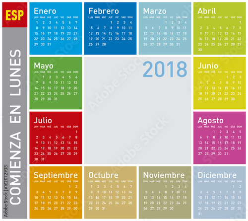 Colorful Calendar for Year 2018, in Spanish. Week starts on Monday